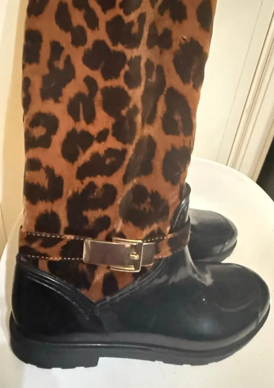 Bamboo Women's Leopard Print Mid-Calf Faux Fur Rain Boots Brown Black Size 8.5